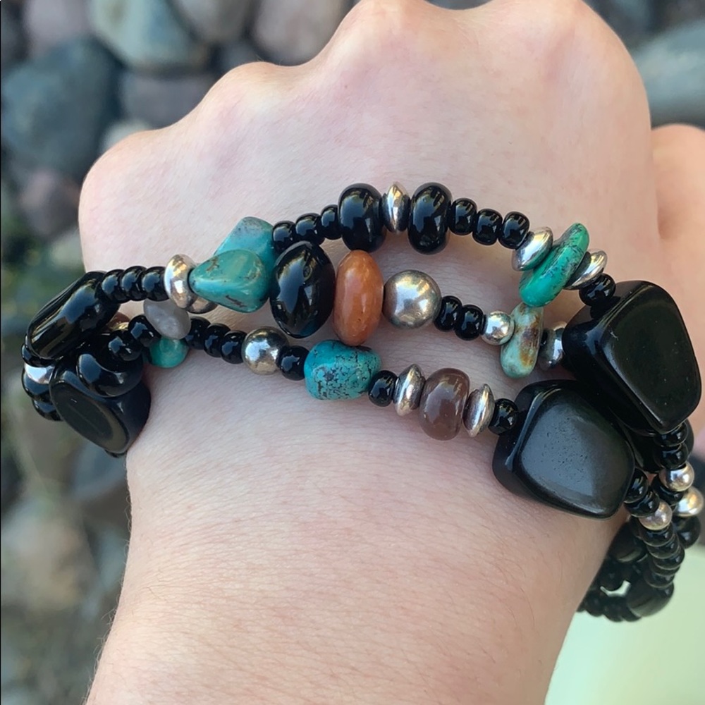 Sterling Silver Obsidian & Turquoise Set - Picture 5 of 8